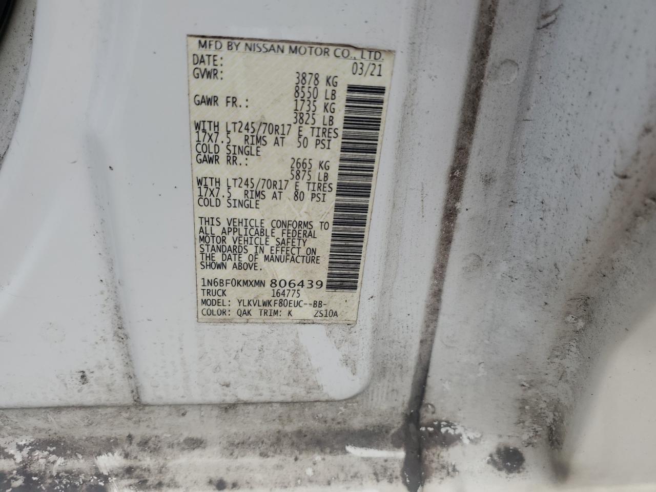 2021 Nissan Nv 1500 S VIN: 1N6BF0KMXMN806439 Lot: 59149575