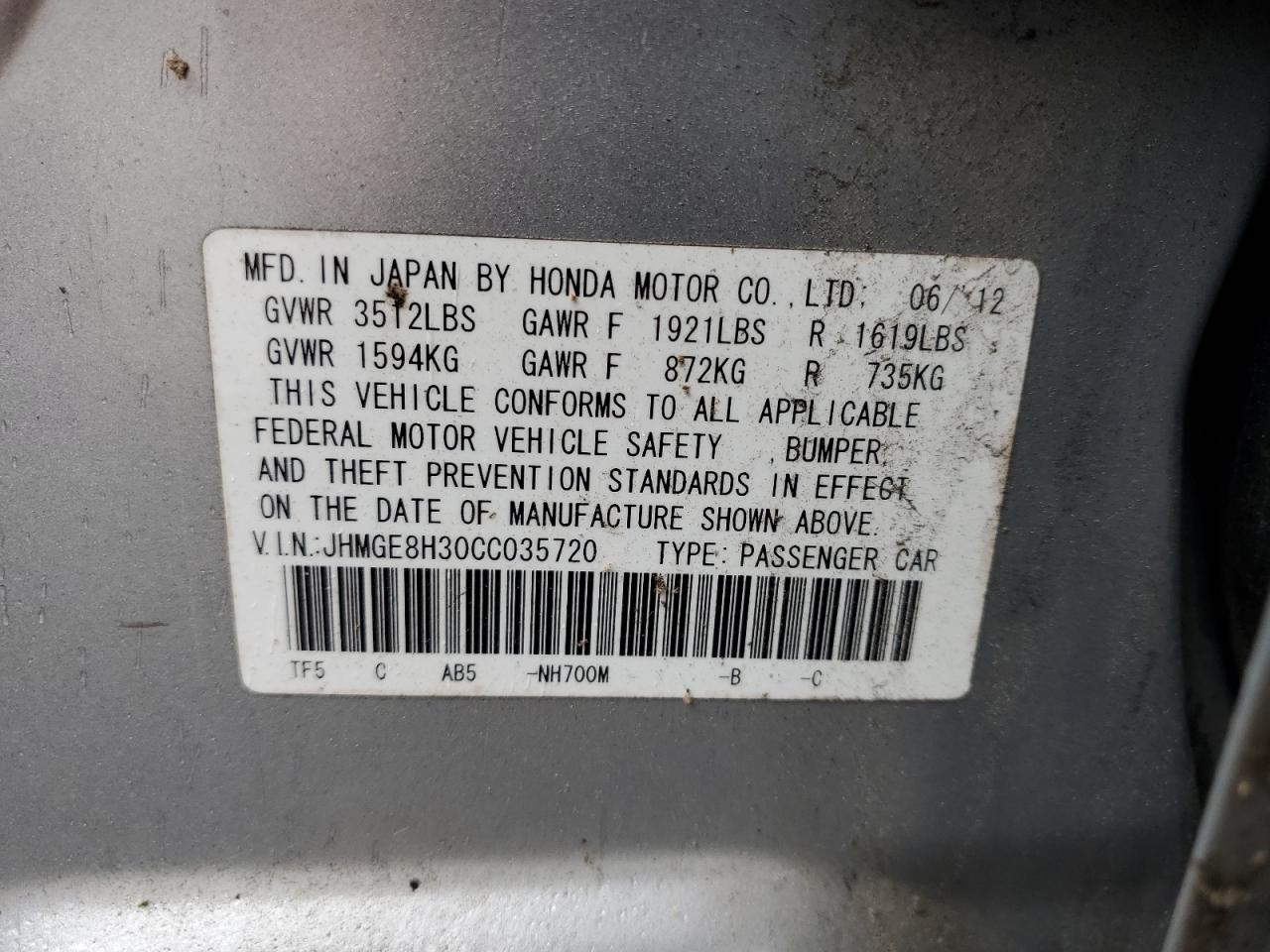 2012 Honda Fit VIN: JHMGE8H30CC035720 Lot: 60519715
