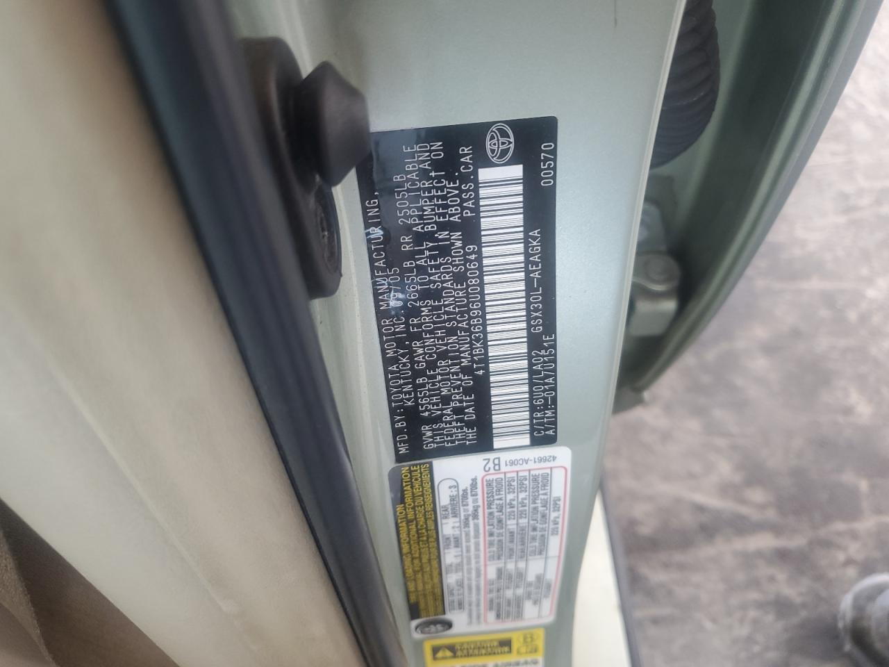 2006 Toyota Avalon Xl VIN: 4T1BK36B96U080649 Lot: 62027595