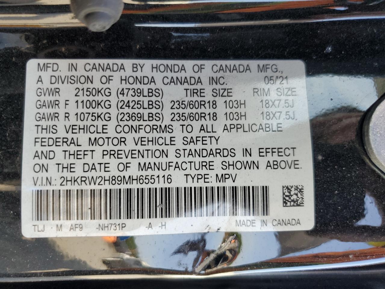 2021 Honda Cr-V Exl VIN: 2HKRW2H89MH655116 Lot: 61510475