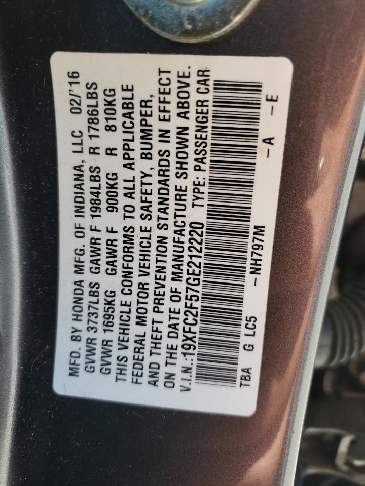 19XFC2F57GE212220 HONDA CIVIC 2016