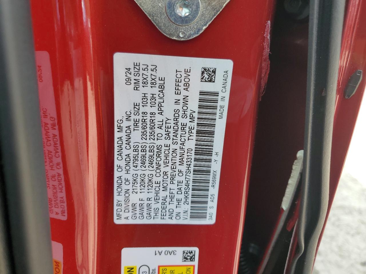 2HKRS4H77SH433170 HONDA CRV 2025