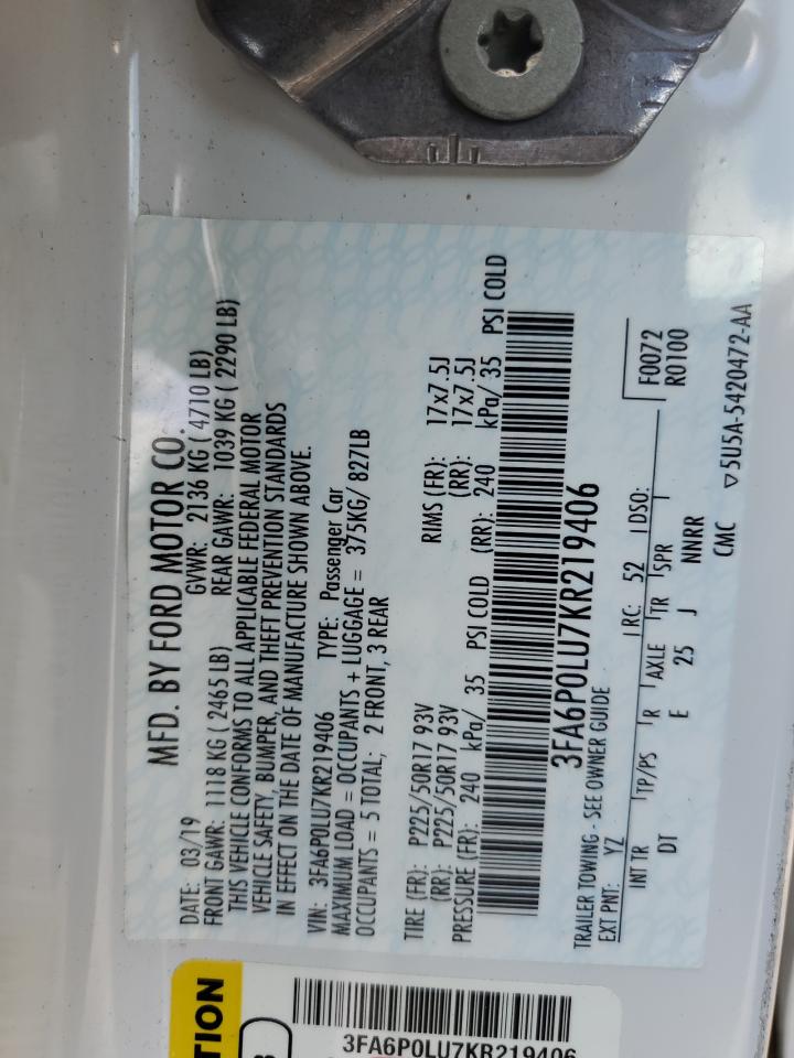 2019 Ford Fusion Se VIN: 3FA6P0LU7KR219406 Lot: 54066165