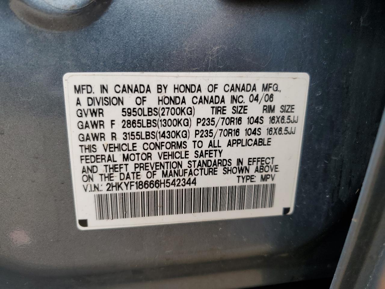 2006 Honda Pilot Ex VIN: 2HKYF18666H542344 Lot: 62555145