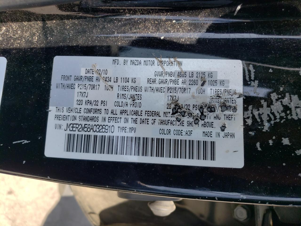 2010 Mazda Cx-7 VIN: JM3ER2W58A0326910 Lot: 62309275