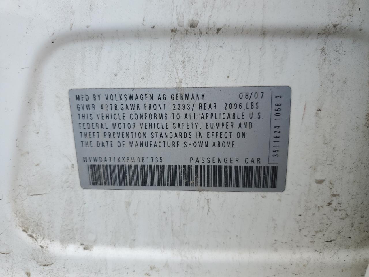2008 Volkswagen Rabbit VIN: WVWDA71KX8W081735 Lot: 60453115