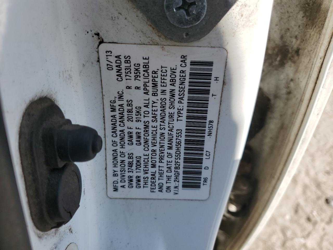 2013 Honda Civic Lx VIN: 2HGFB2F55DH567553 Lot: 61970495