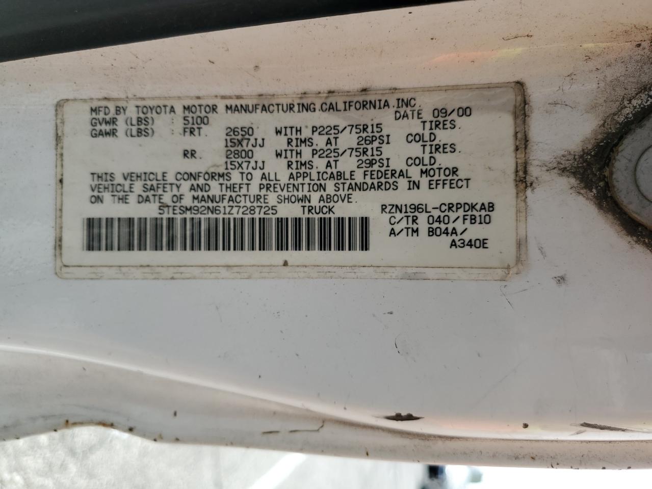 2001 Toyota Tacoma Xtracab Prerunner VIN: 5TESM92N61Z728725 Lot: 61987475