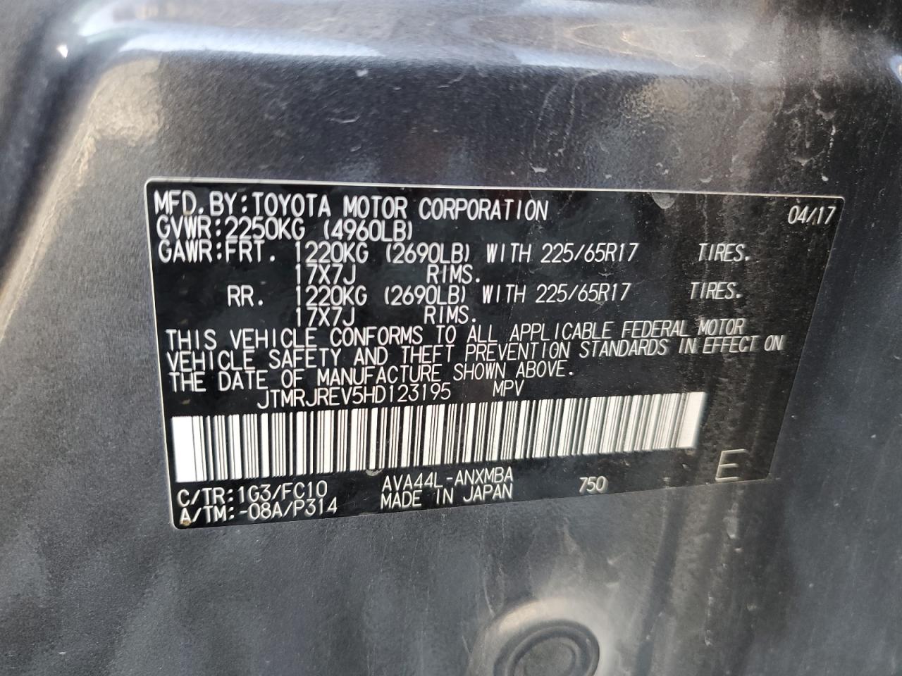 2017 Toyota Rav4 Hv Le VIN: JTMRJREV5HD123195 Lot: 62306035