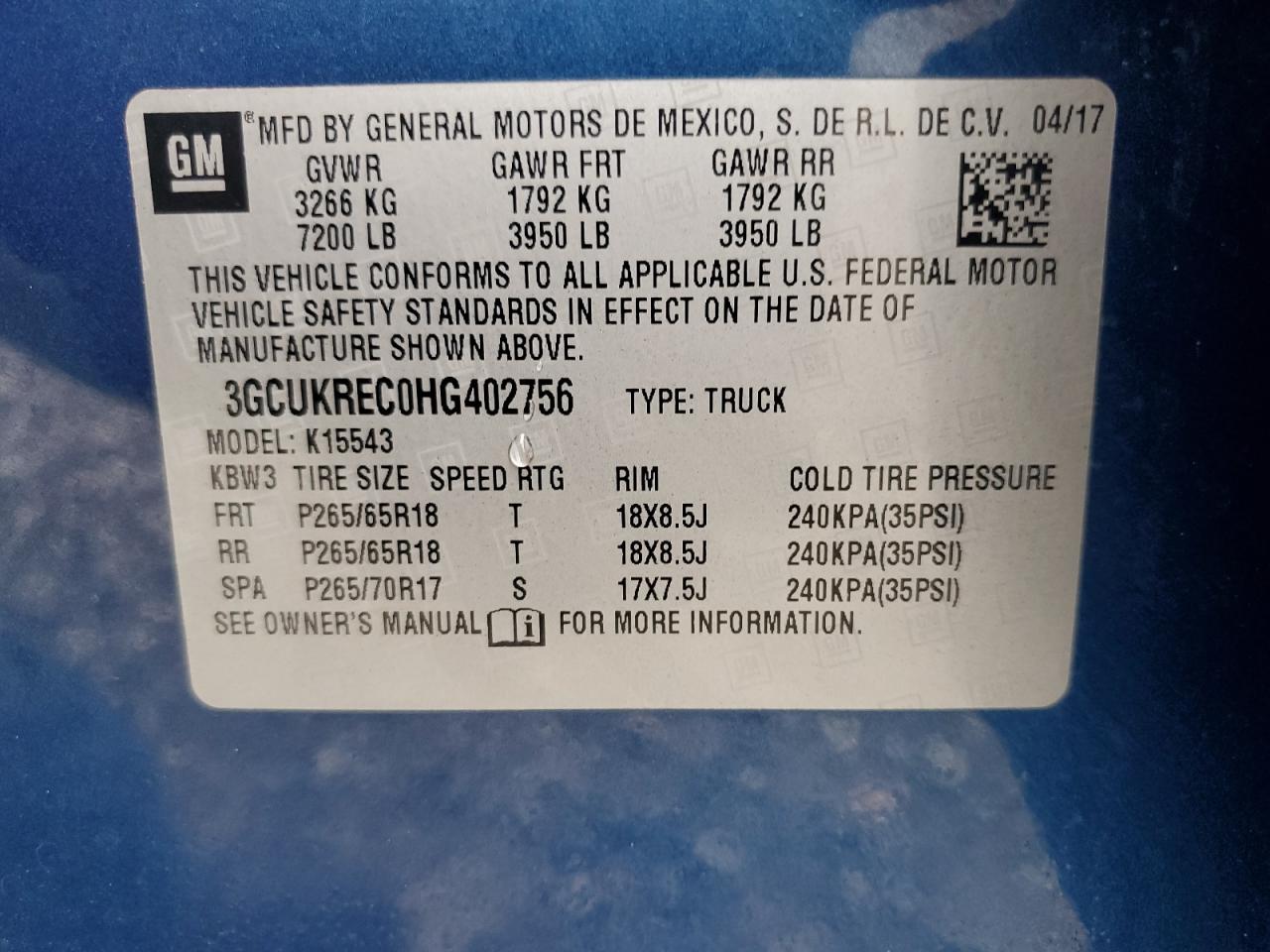 3GCUKREC0HG402756 CHEVROLET ALL Models 2017
