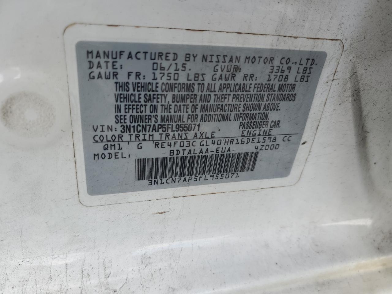 2015 Nissan Versa S VIN: 3N1CN7AP5FL955071 Lot: 61048535