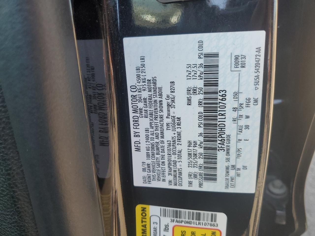 3FA6P0HD1LR107663 FORD FUSION 2020