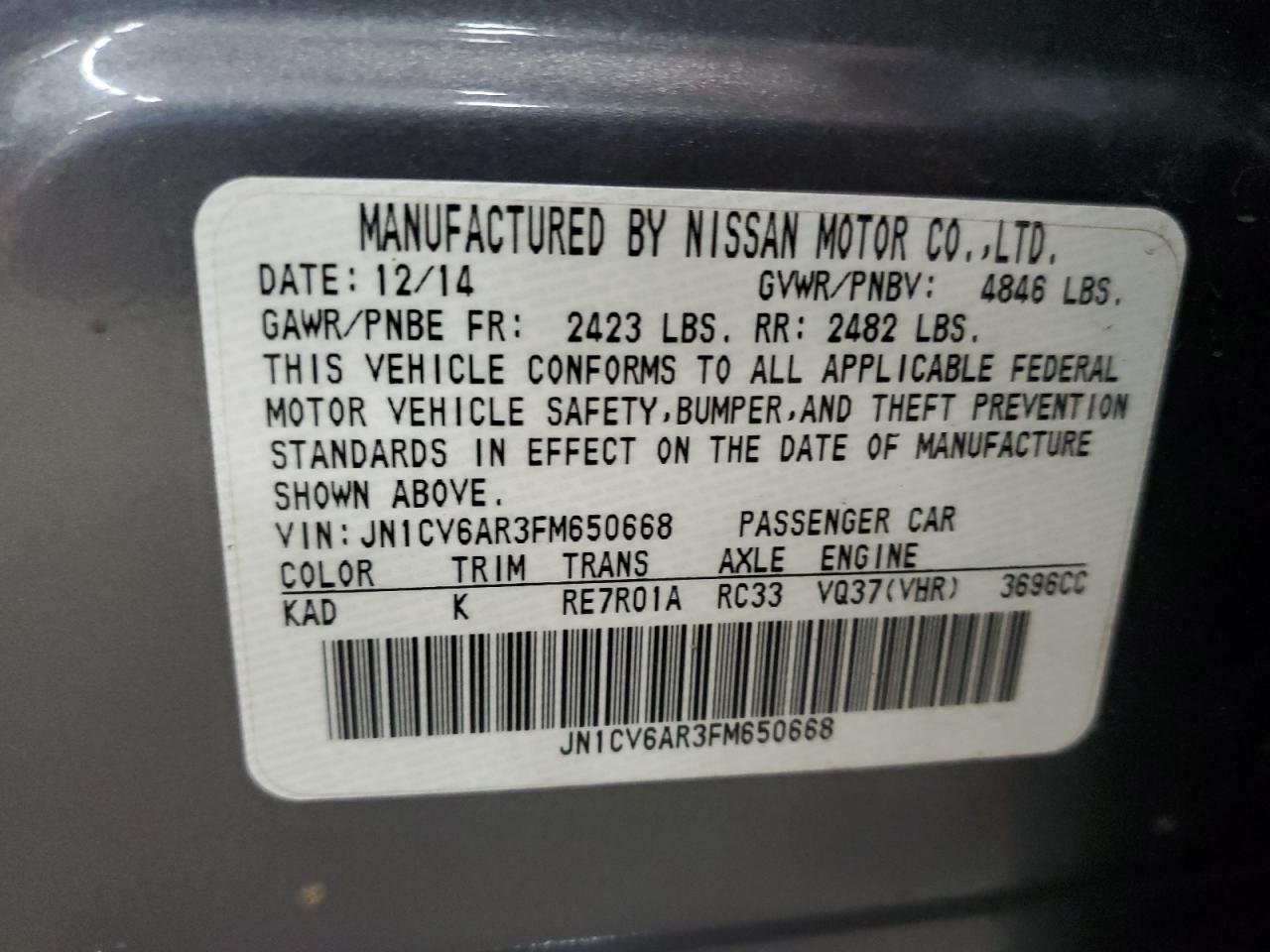 2015 Infiniti Q40 VIN: JN1CV6AR3FM650668 Lot: 62281545