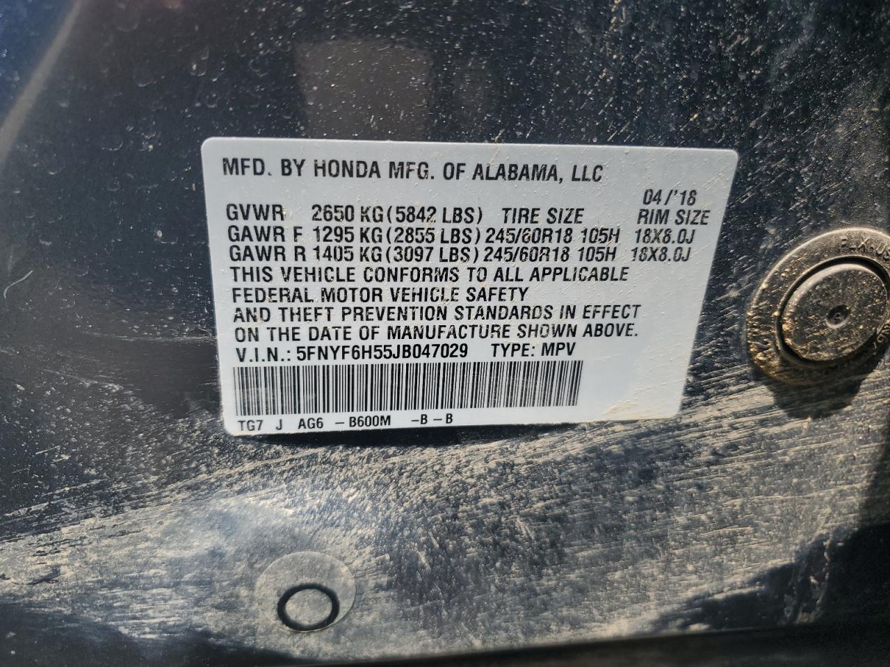 2018 Honda Pilot Exl VIN: 5FNYF6H55JB047029 Lot: 62606235