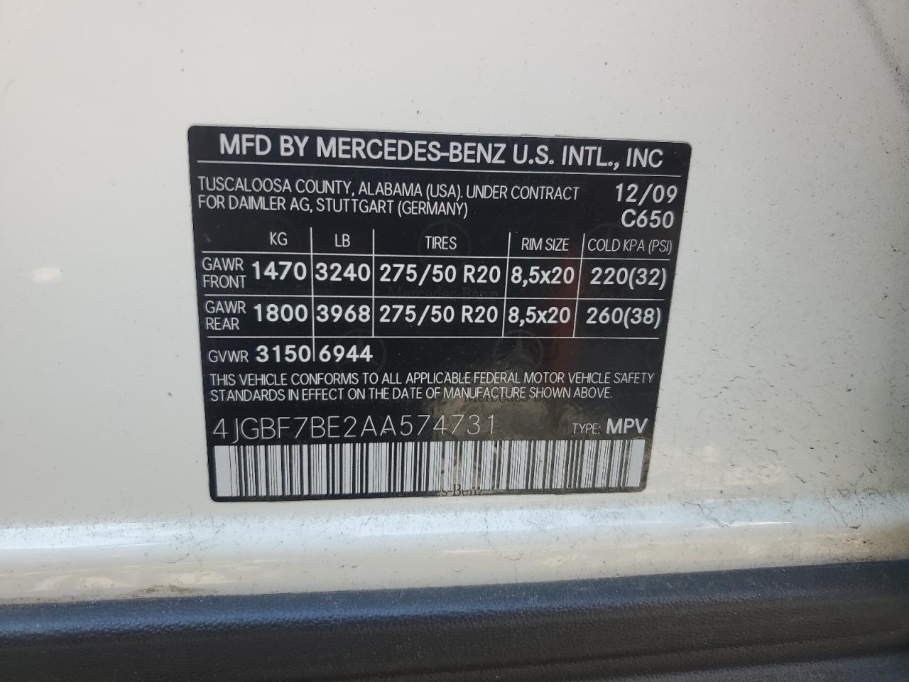 2010 Mercedes-Benz Gl 450 4Matic VIN: 4JGBF7BE2AA574731 Lot: 62141825