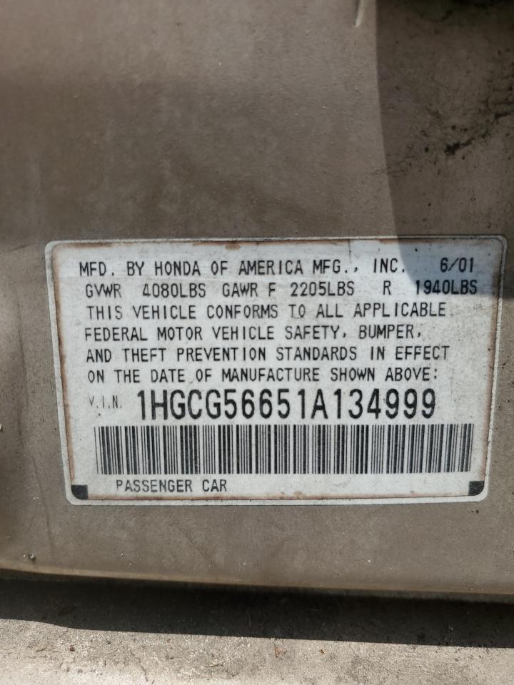 2001 Honda Accord Ex VIN: 1HGCG56651A134999 Lot: 61909775