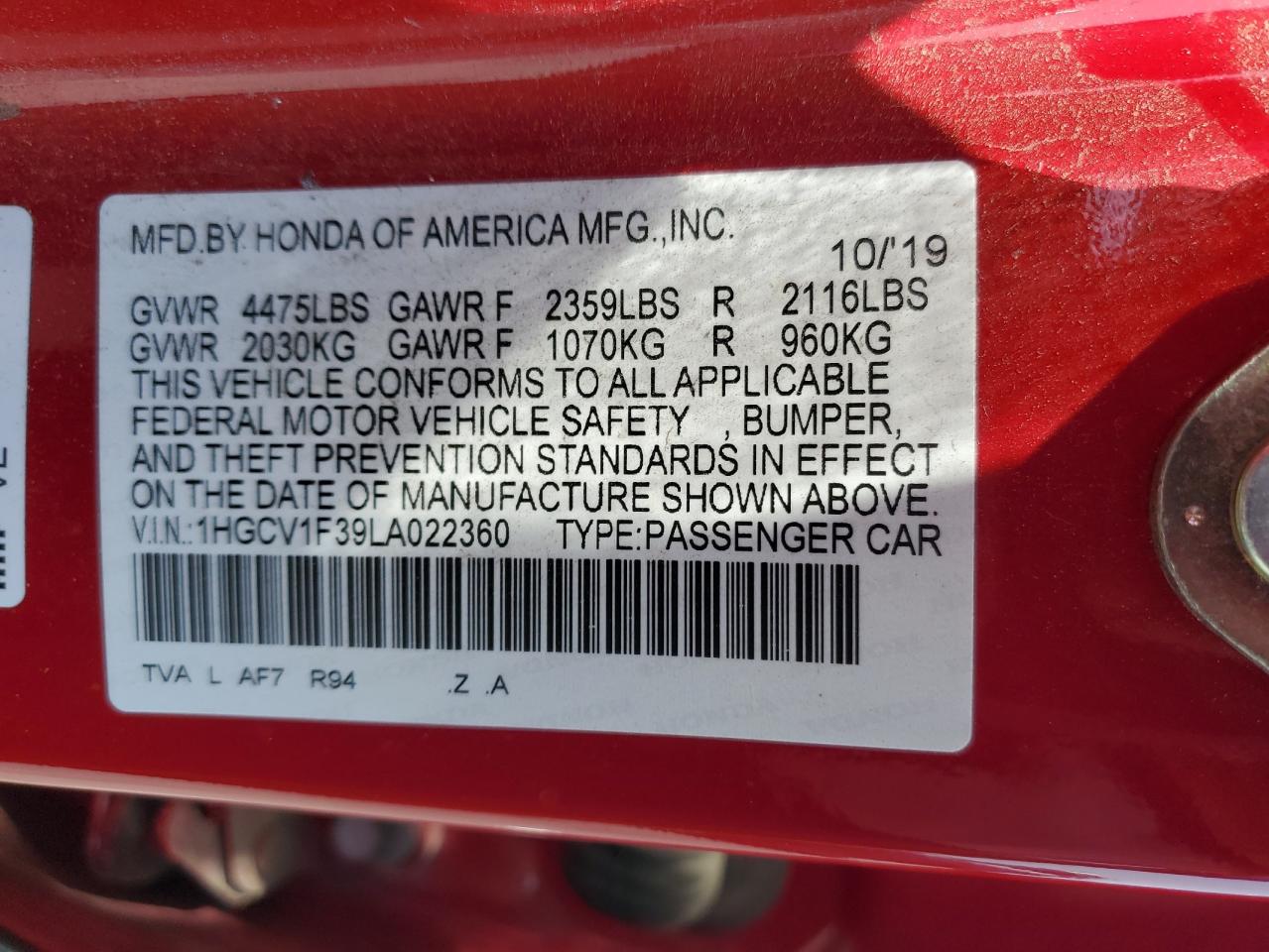 1HGCV1F39LA022360 HONDA ACCORD 2020