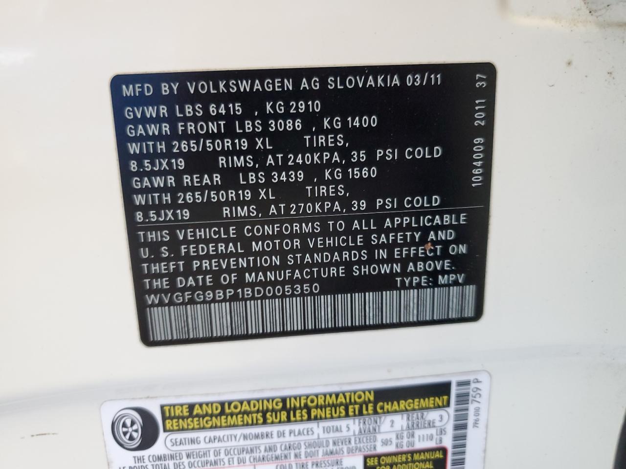 2011 Volkswagen Touareg Hybrid VIN: WVGFG9BP1BD005350 Lot: 58558055