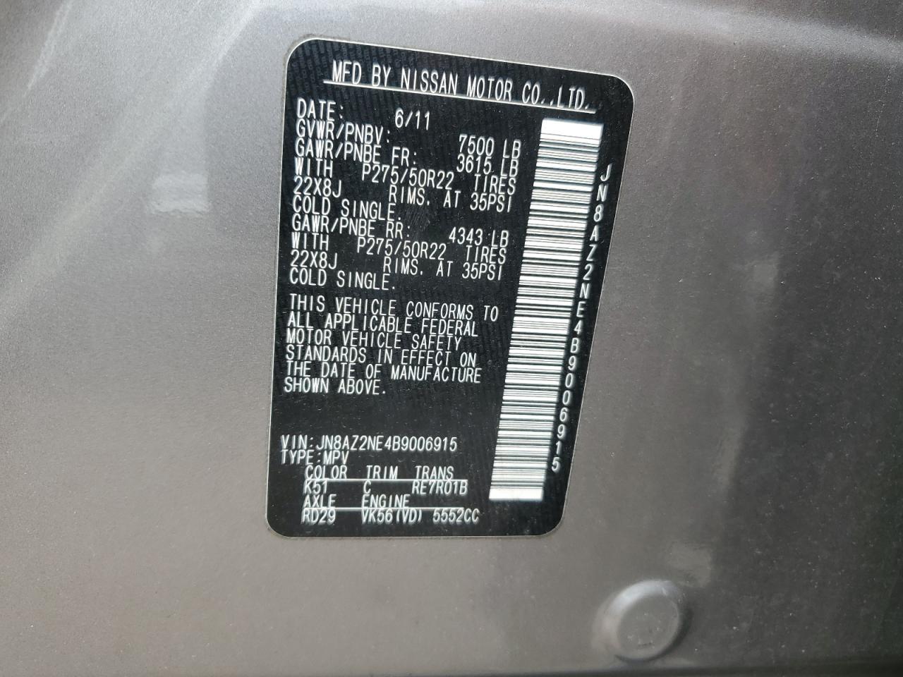 2011 Infiniti Qx56 VIN: JN8AZ2NE4B9006915 Lot: 61909295