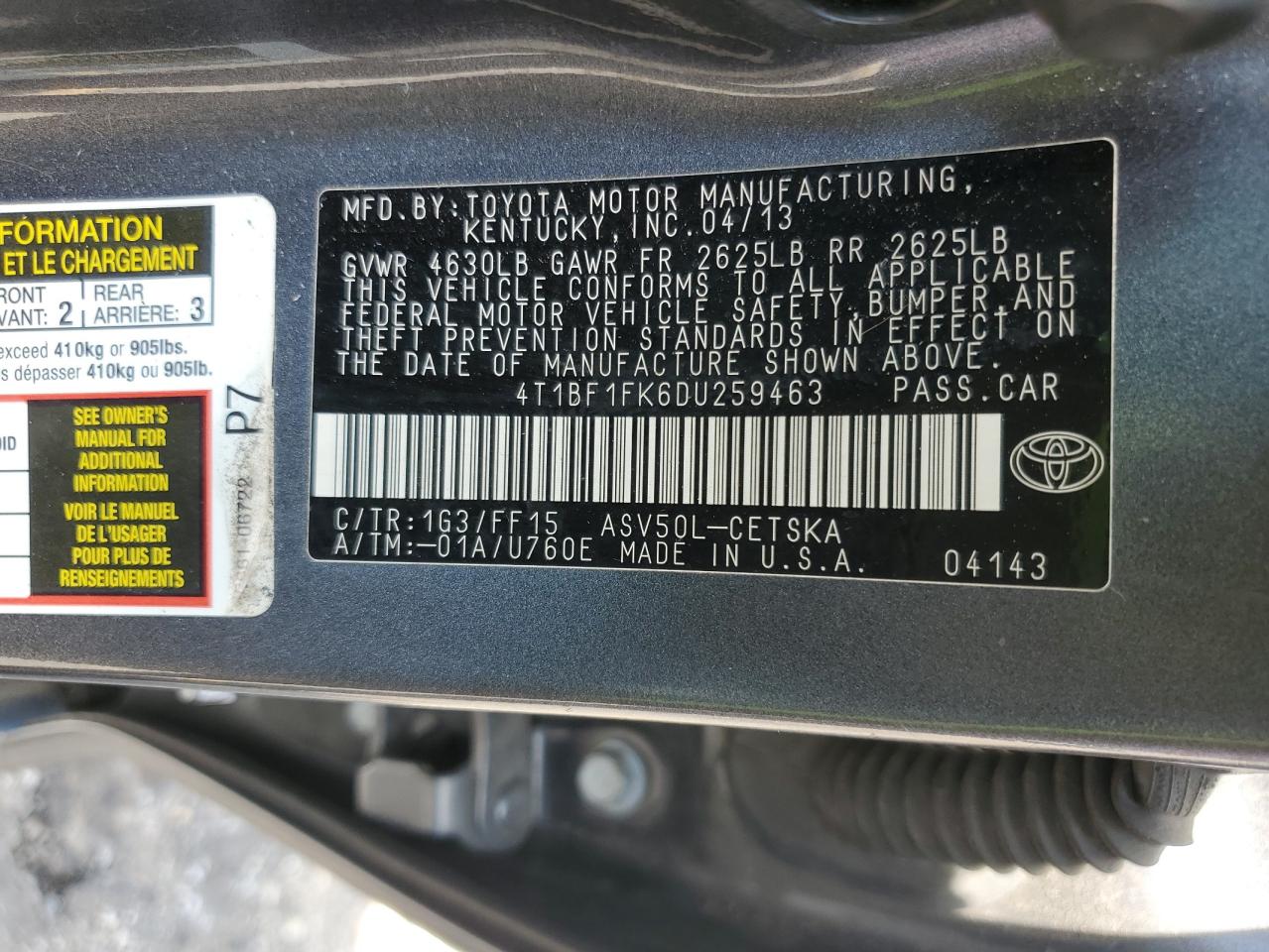4t1bf1fk6du259463 4T1BF1FK6DU259463 2013 Toyota Camry L