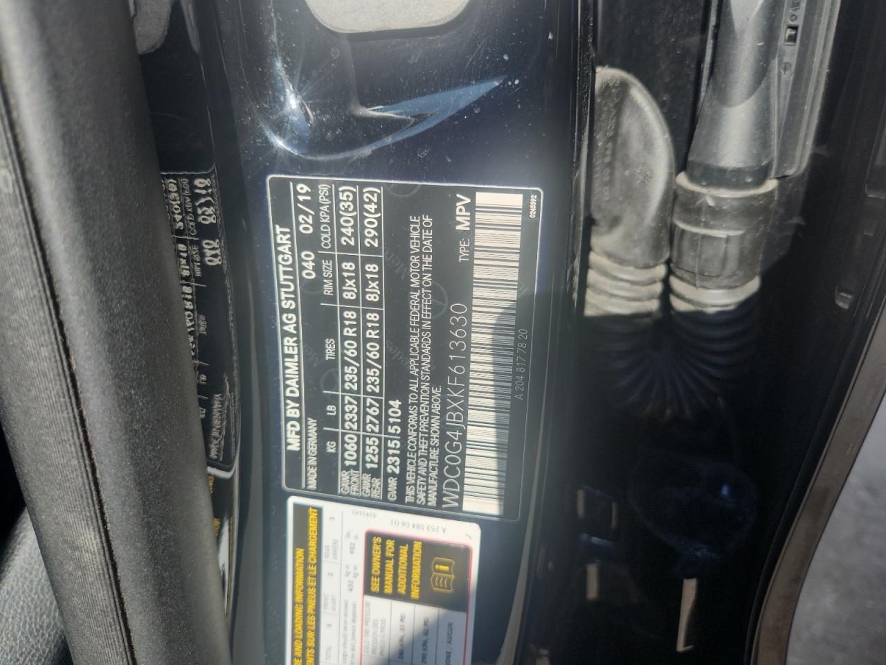 2019 Mercedes-Benz Glc 300 VIN: WDC0G4JBXKF613630 Lot: 61001365