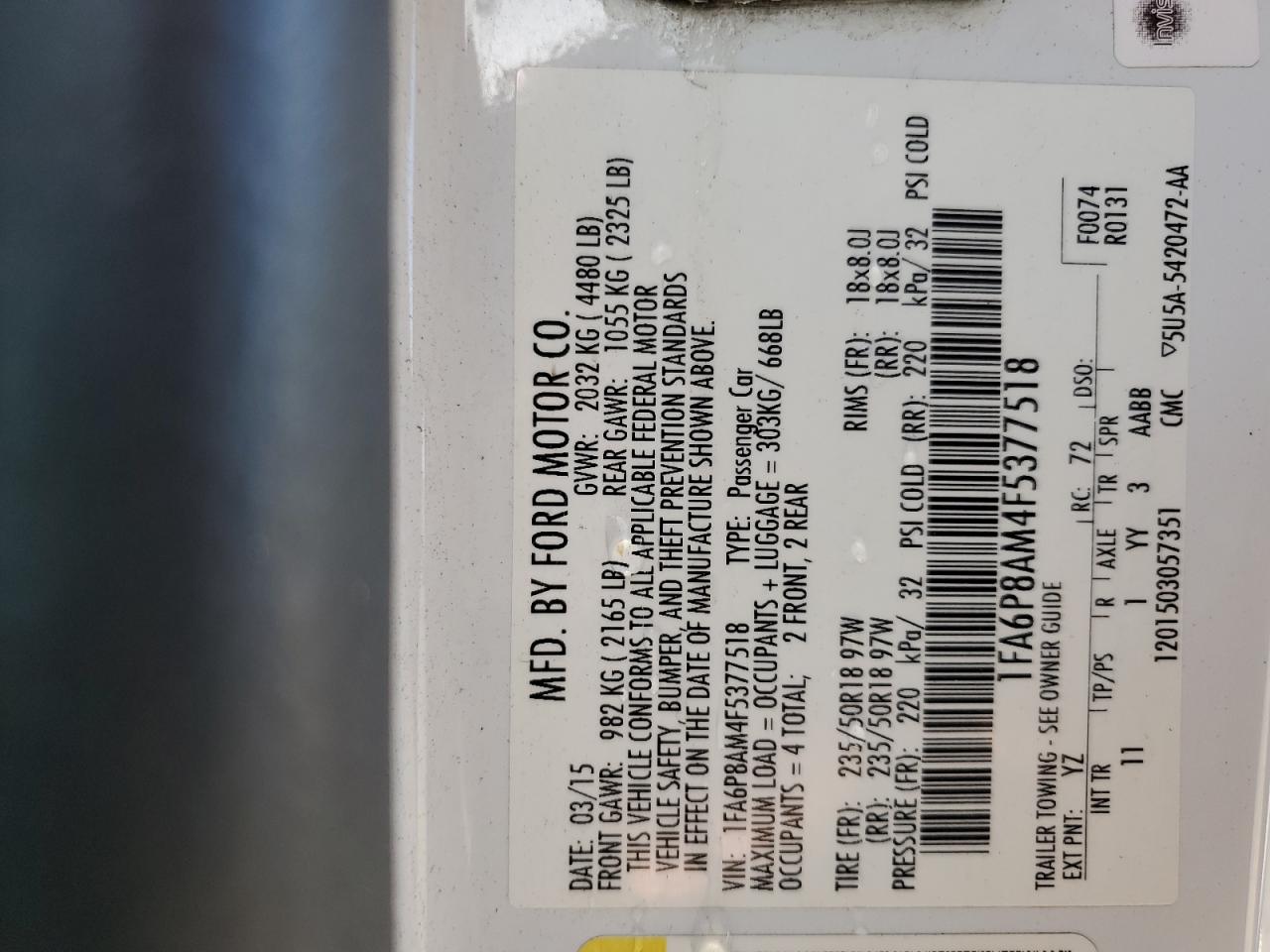 2015 Ford Mustang VIN: 1FA6P8AM4F5377518 Lot: 61086735