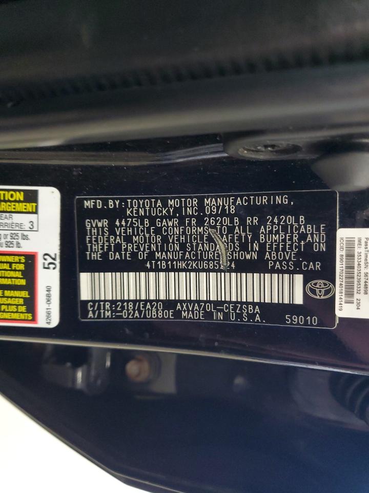 2019 Toyota Camry L VIN: 4T1B11HK2KU685224 Lot: 62976995