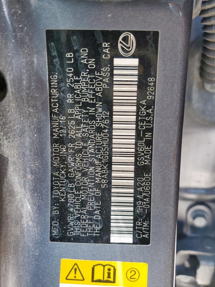 2017 Lexus Es 350 VIN: 58ABK1GG5HU047612 Lot: 61916345