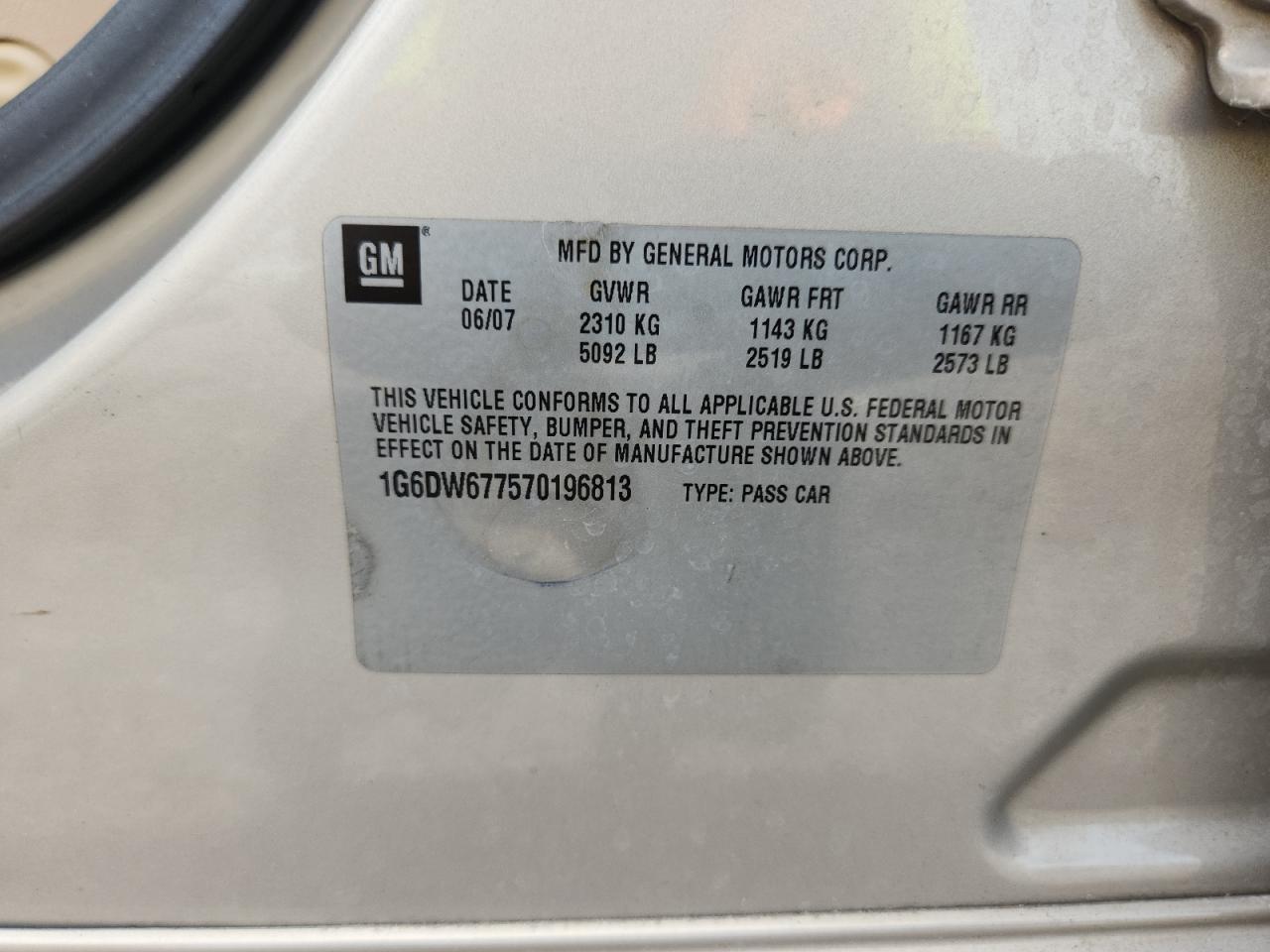 2007 Cadillac Sts VIN: 1G6DW677570196813 Lot: 62483205