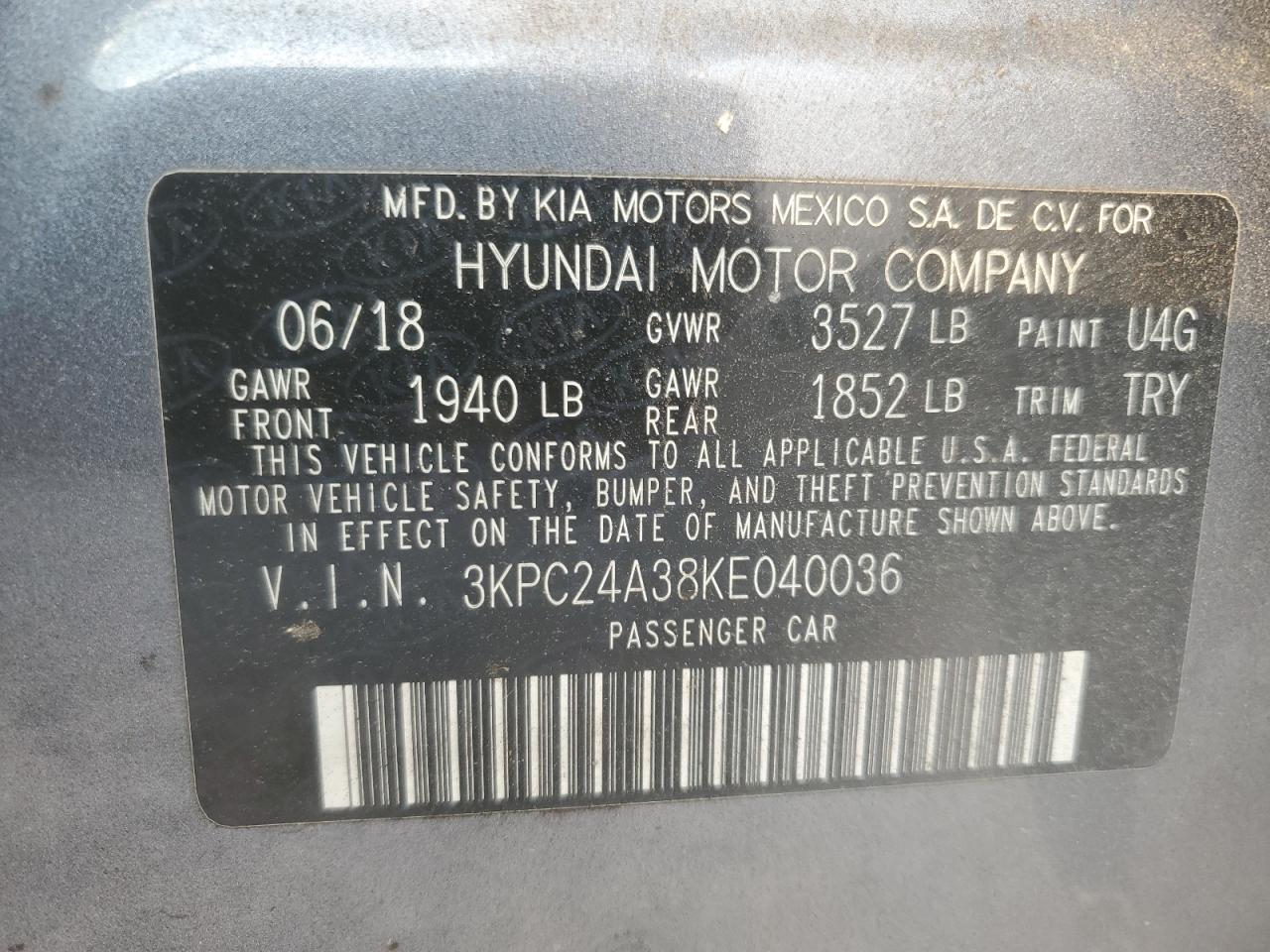 2019 Hyundai Accent Se VIN: 3KPC24A38KE040036 Lot: 59023415