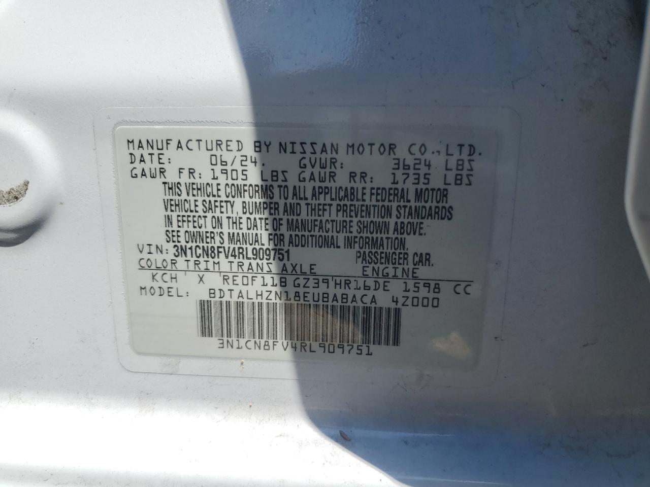 2024 Nissan Versa Sr VIN: 3N1CN8FV4RL909751 Lot: 62501125