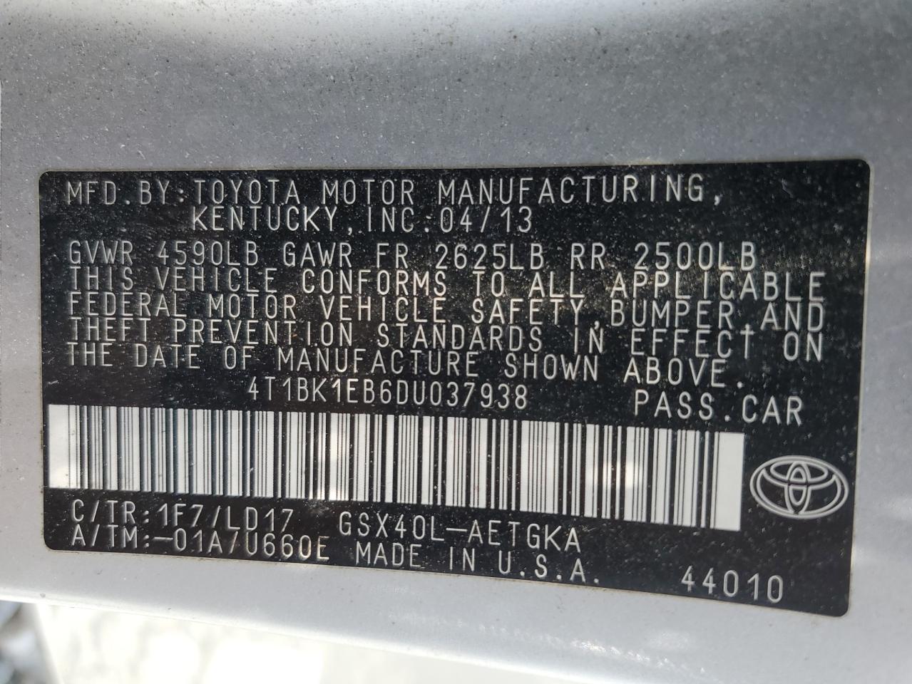 2013 Toyota Avalon Base VIN: 4T1BK1EB6DU037938 Lot: 62709525