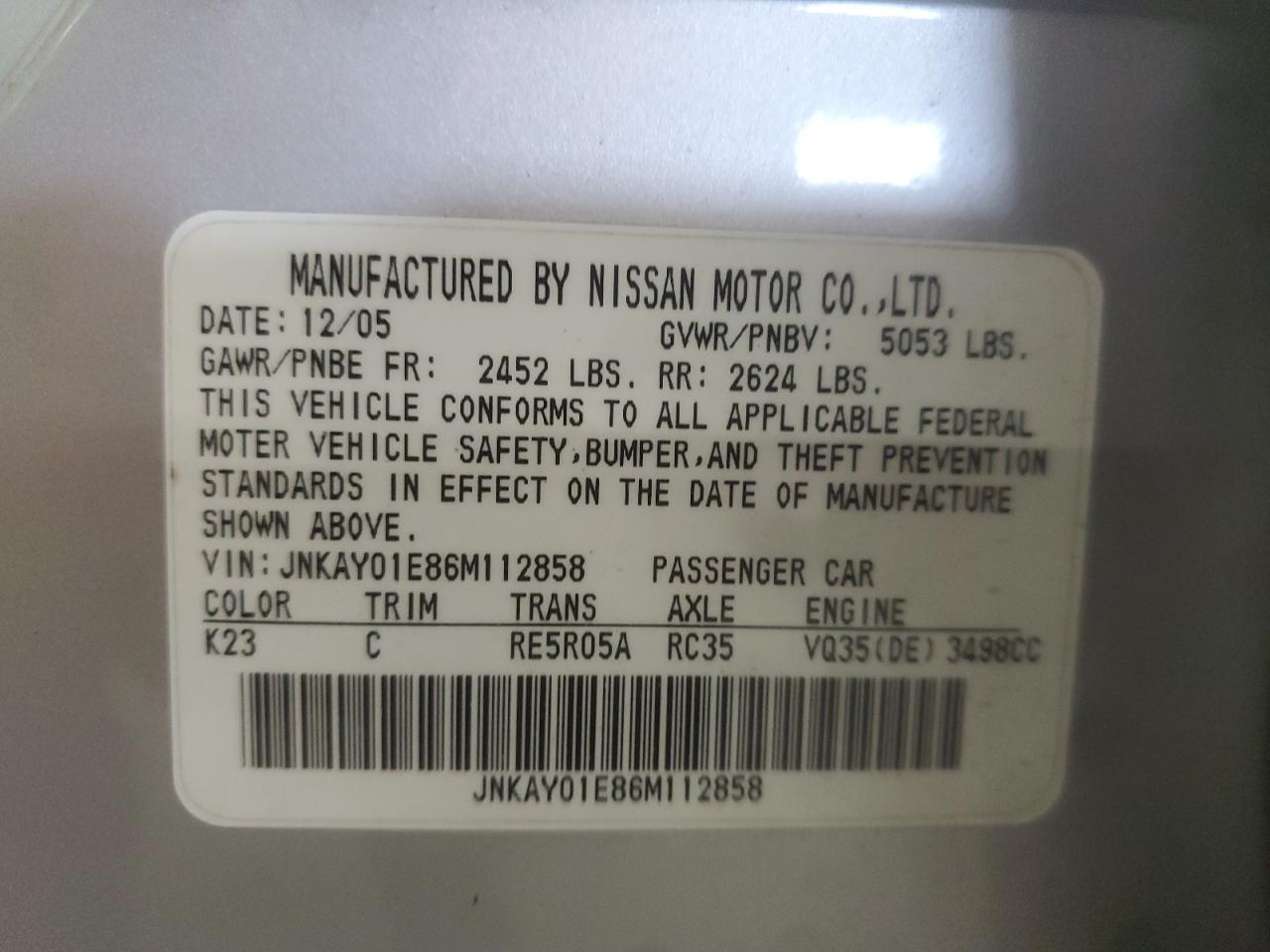 2006 Infiniti M35 Base VIN: JNKAY01E86M112858 Lot: 60959405