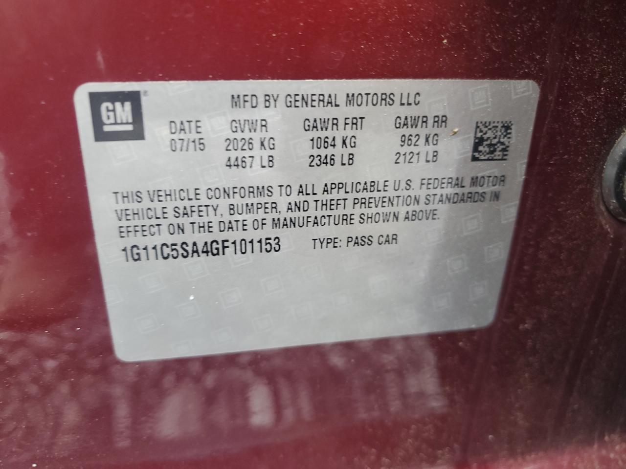 1G11C5SA4GF101153 CHEVROLET MALIBU 2016