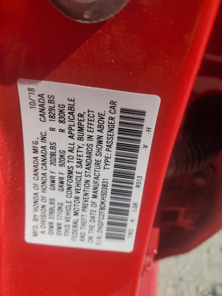 2019 Honda Civic Sport VIN: 2HGFC2F80KH503831 Lot: 62202065
