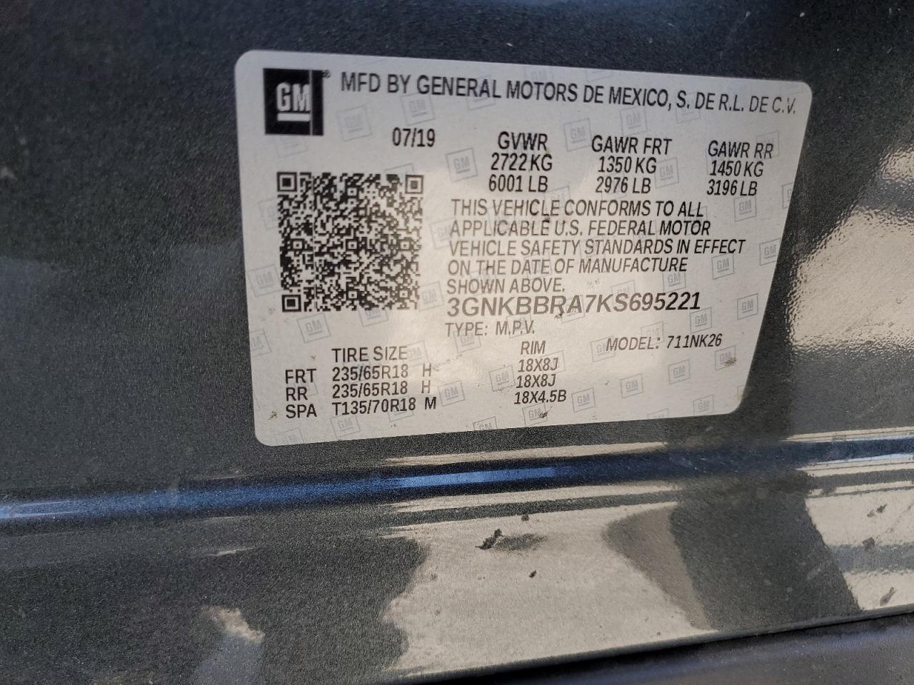 3GNKBBRA7KS695221 CHEVROLET BLAZER 2019