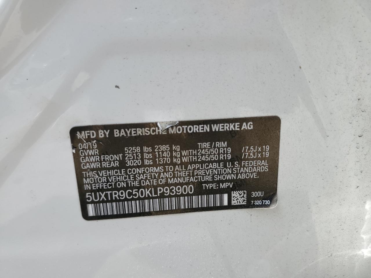 2019 BMW X3 xDrive30I VIN: 5UXTR9C50KLP93900 Lot: 60625635