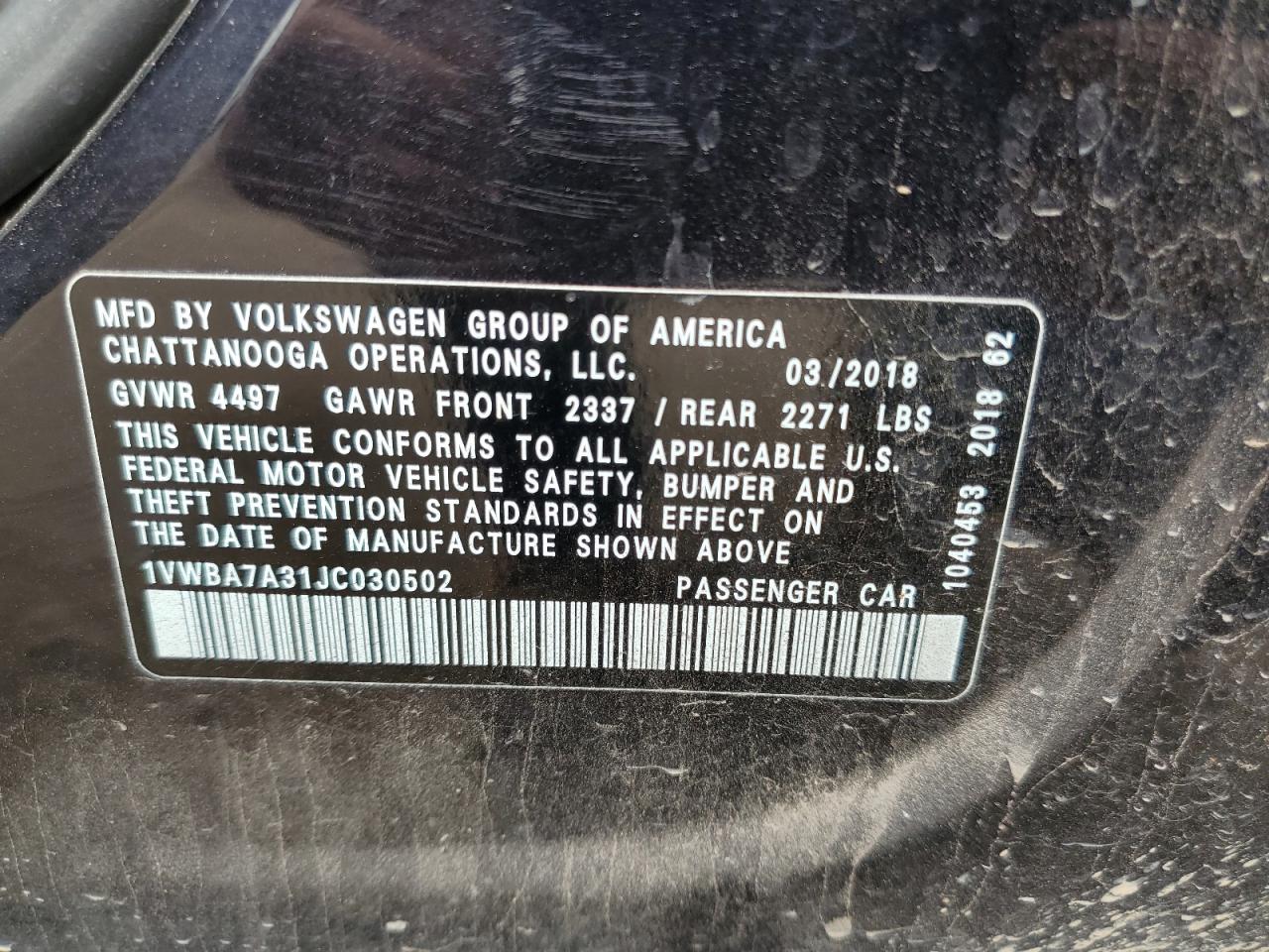 2018 Volkswagen Passat Se VIN: 1VWBA7A31JC030502 Lot: 62915765