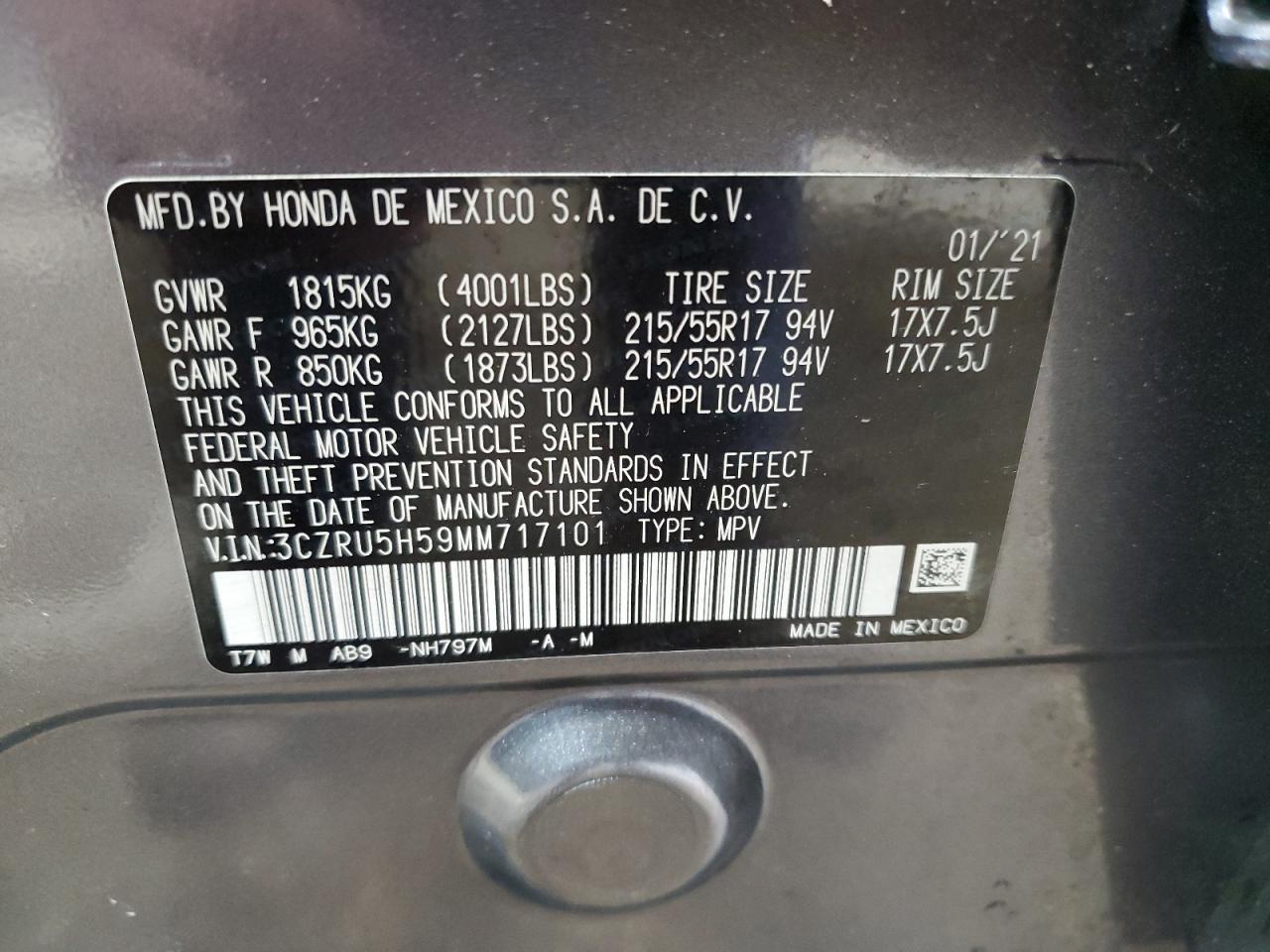 3CZRU5H59MM717101 HONDA HR-V 2021