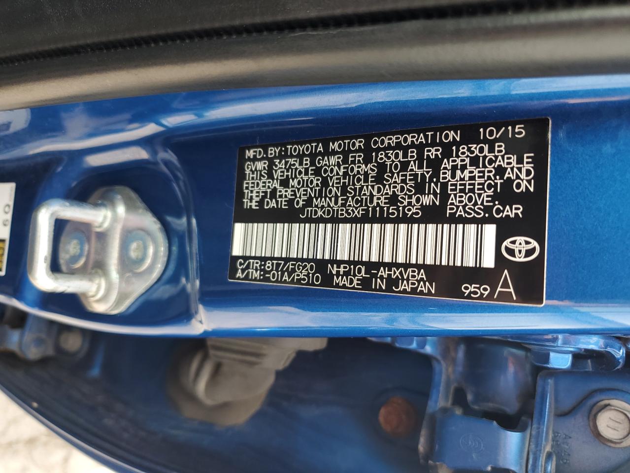 2015 Toyota Prius C VIN: JTDKDTB3XF1115195 Lot: 61012915