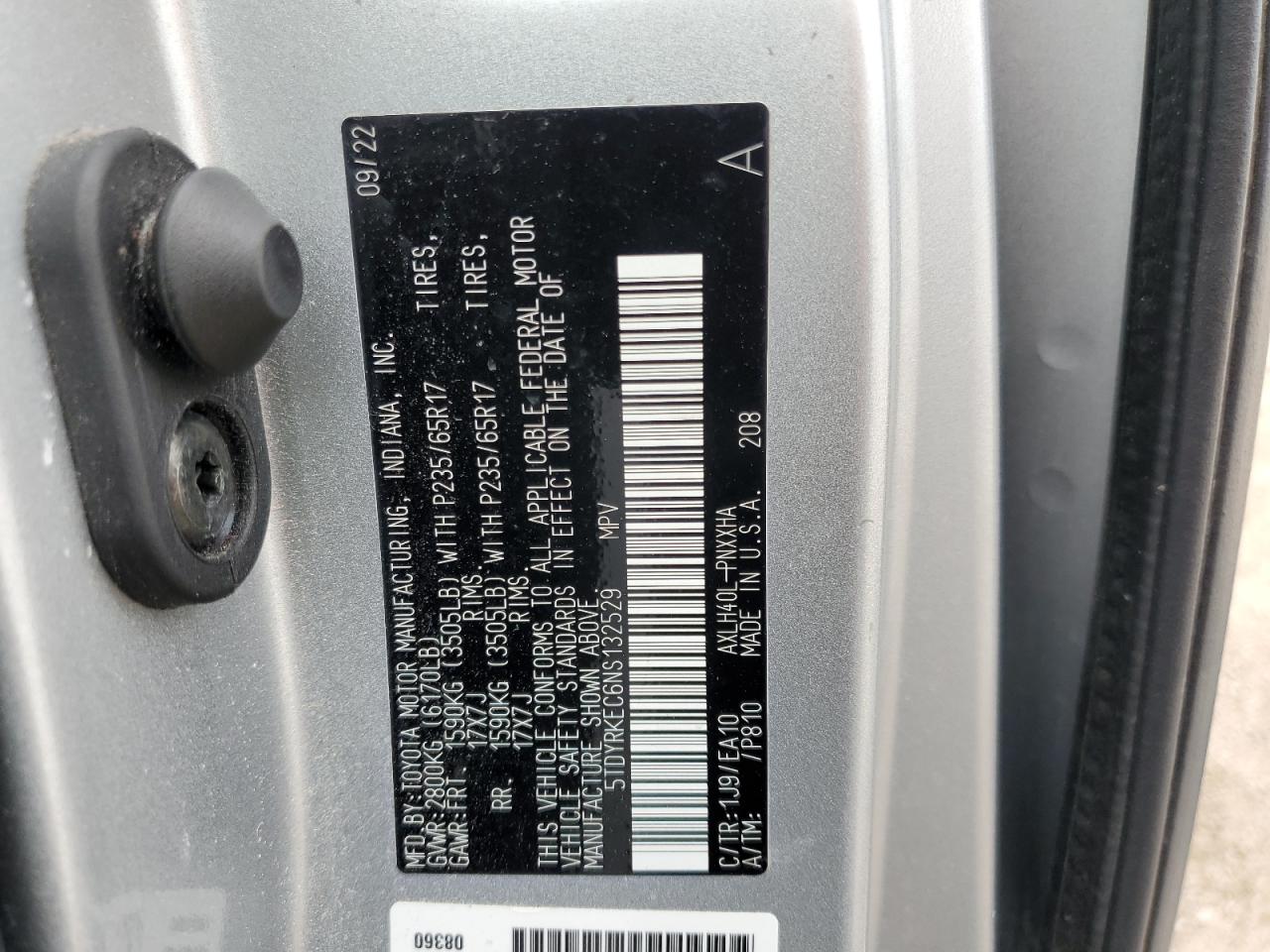 2022 Toyota Sienna Xle VIN: 5TDYRKEC6NS132529 Lot: 61838385