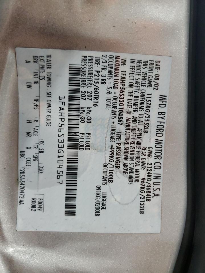 2003 Ford Taurus Sel VIN: 1FAHP56S33G104567 Lot: 61357585