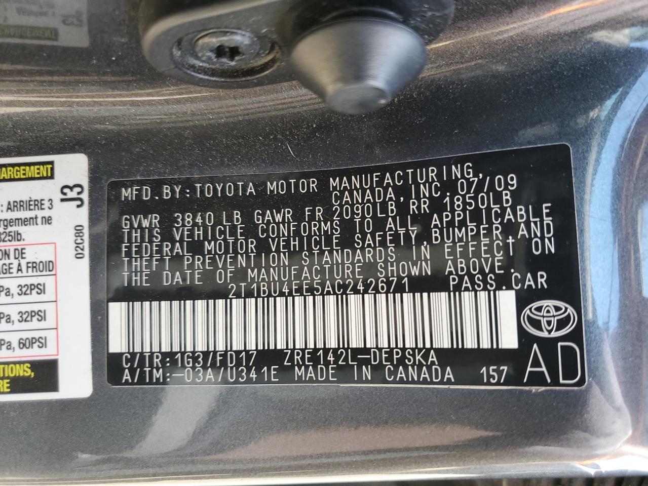 TOYOTA COROLLA 2010 VIN 2T1BU4EE5AC242671 фото 12