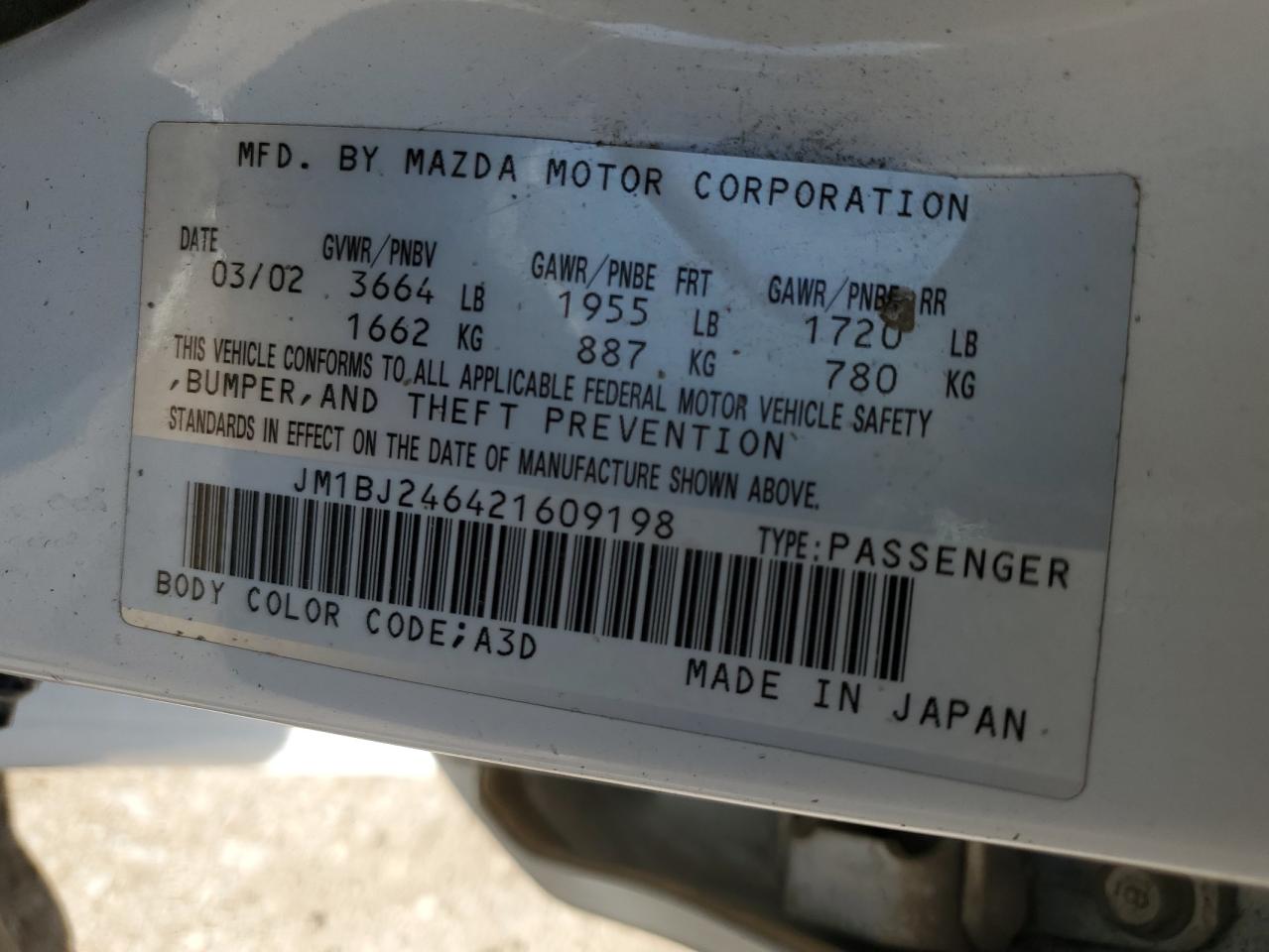 2002 Mazda Protege Pr5 VIN: JM1BJ246421609198 Lot: 60513625