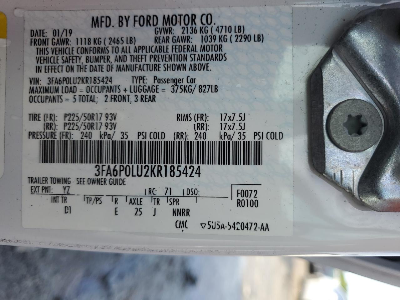 3FA6P0LU2KR185424 FORD FUSION 2019