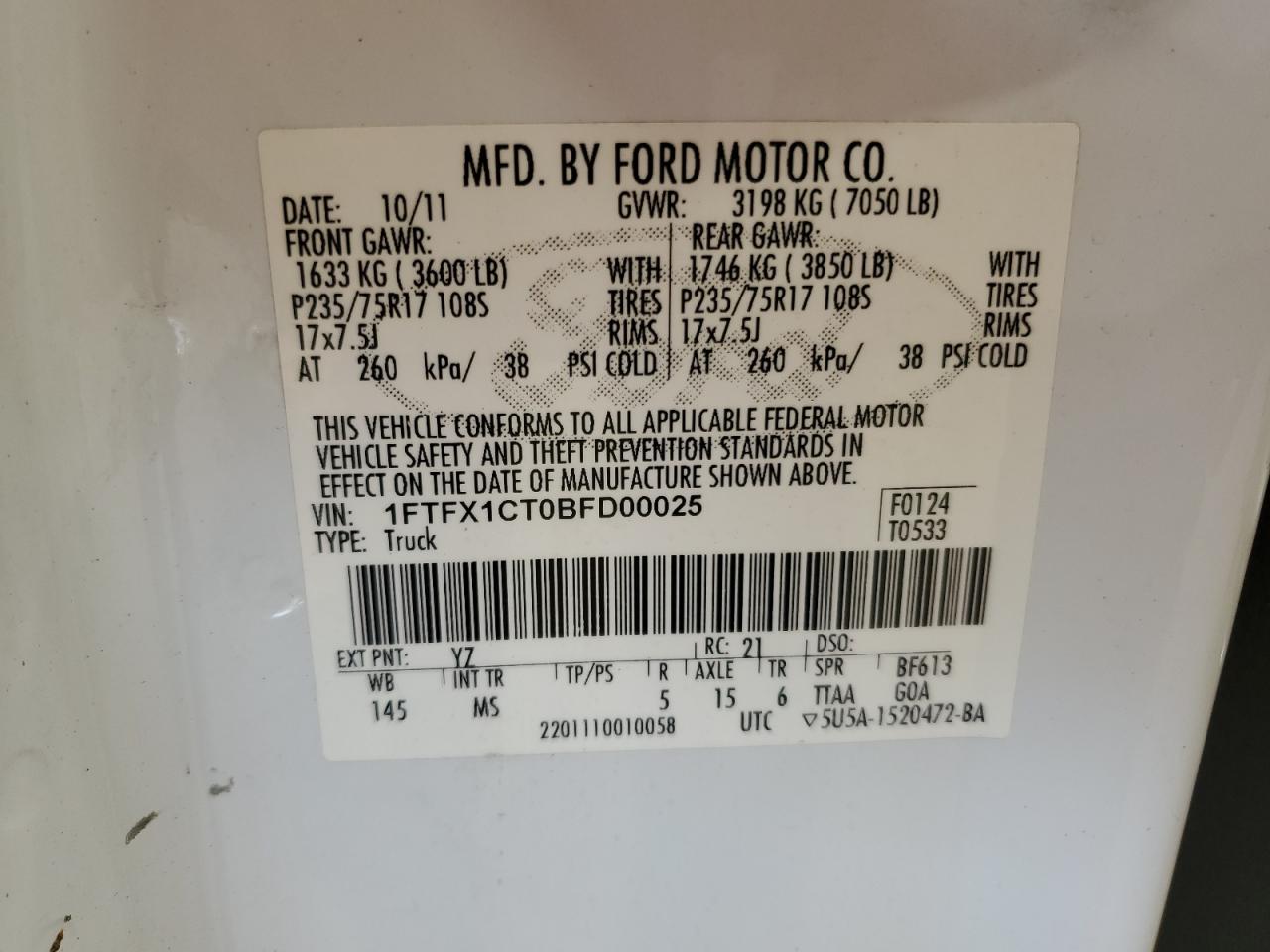 2011 Ford F150 Super Cab VIN: 1FTFX1CT0BFD00025 Lot: 62658155