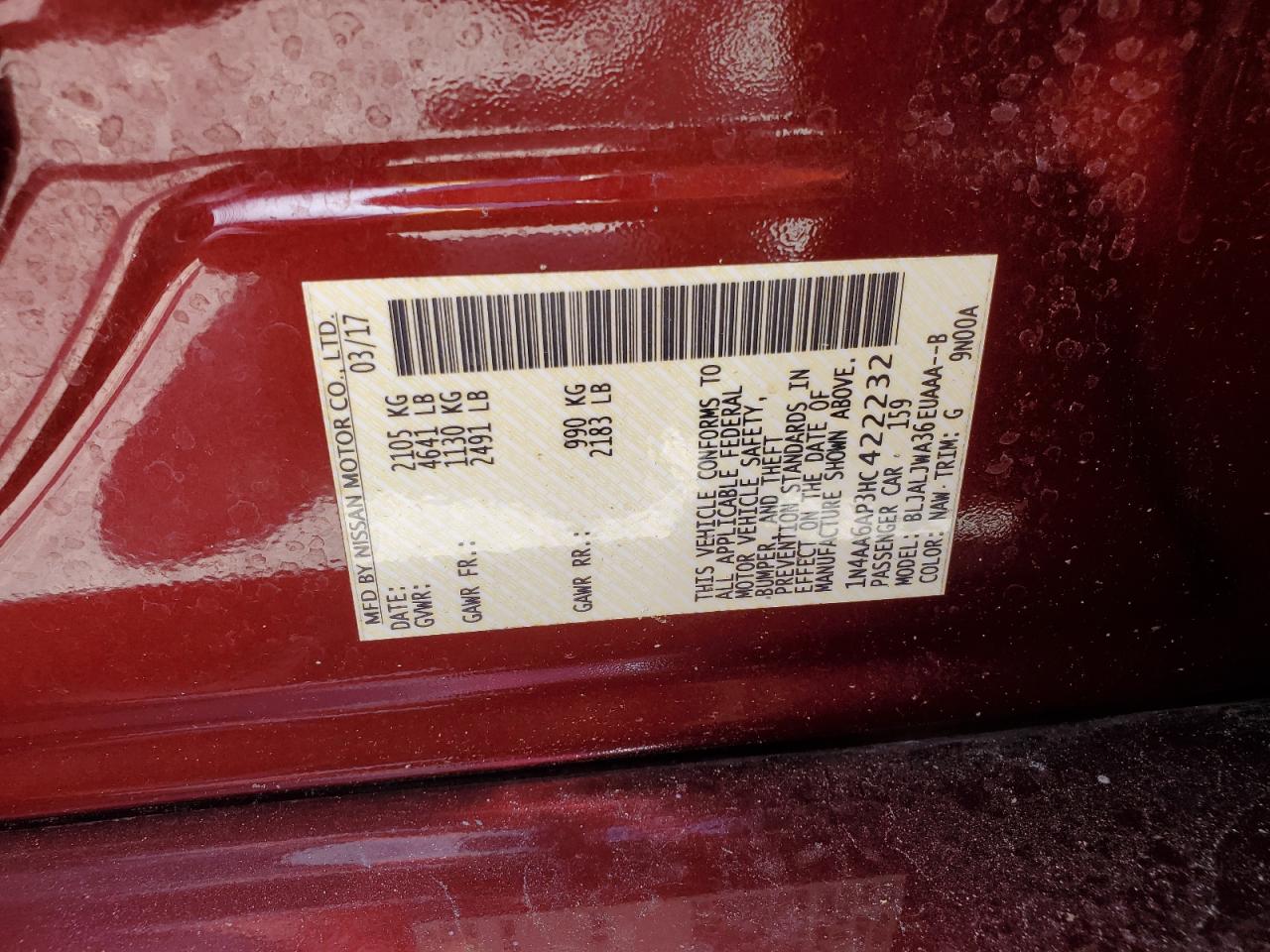 1N4AA6AP3HC422232 NISSAN MAXIMA 2017
