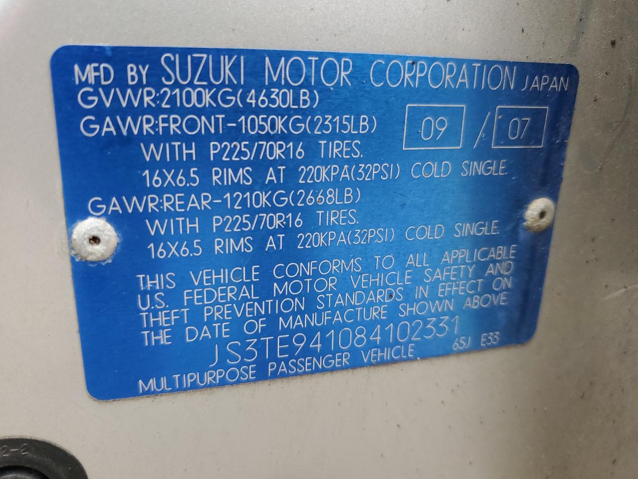 2008 Suzuki Grand Vitara VIN: JS3TE941084102331 Lot: 59142865