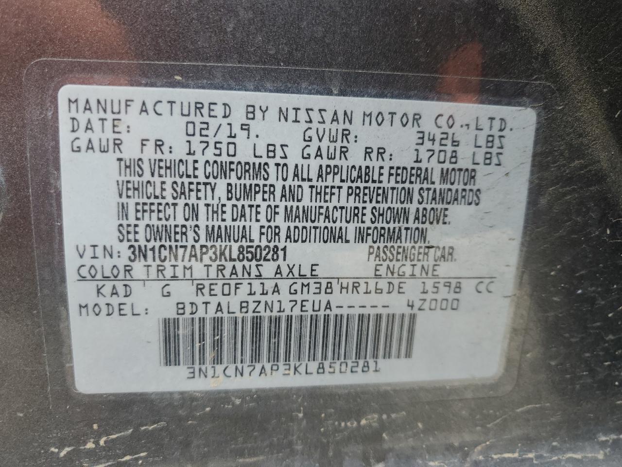 3N1CN7AP3KL850281 NISSAN VERSA 2019