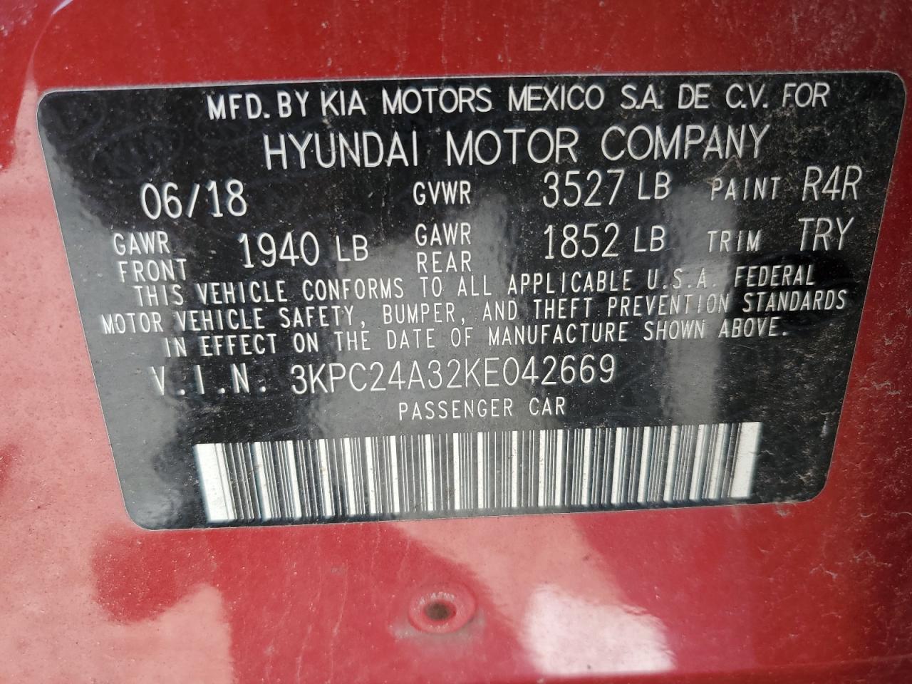 2019 Hyundai Accent Se VIN: 3KPC24A32KE042669 Lot: 61635285